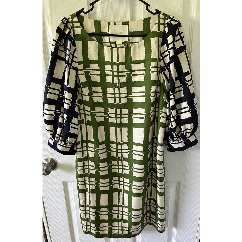 Maeve Anthropologie Midi Dress Sz 6 Blue Green Check 3/4 Puff Sleeves